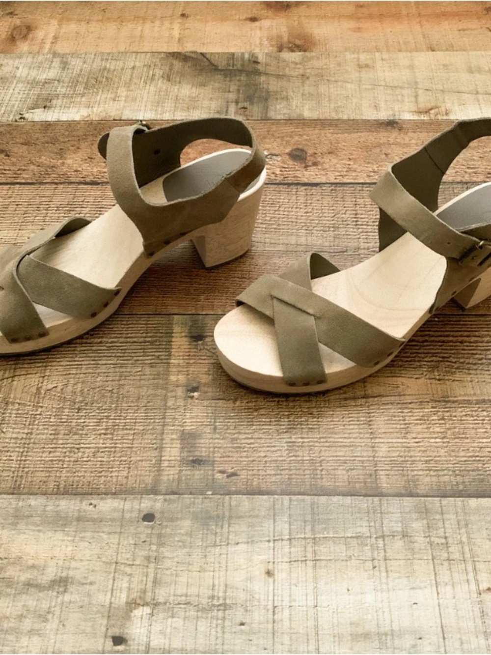 LOFT Olive Suede Cross-Strap Block Heel Sandals